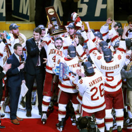 DU hockey fans around the country cheered on the night of April 8 as the Pioneers defeated the Minnesota-Duluth Bulldogs 3-2 to bring home DU’s first NCAA hockey trophy since the team won back-to-back titles in 2004 and 2005. Photo: Jeff Haynes