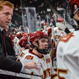 assistant coach and alumnus David Carle (BSBA ’12) was promoted to head coach of the men’s hockey team in May. Photo courtesy of DU Athletics
